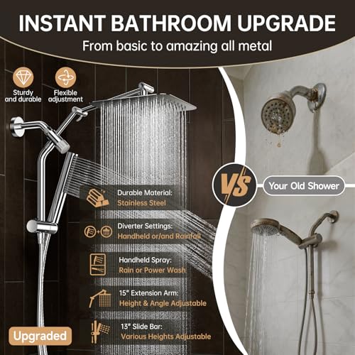 Image of Veken All Metal 10 inch Shower Head with Handheld, Luxurious Square Double Rain Shower Heads,Power Wash Wand,Dual High Pressure Detachable Rainfall Showerhead with Spray Combo,Extension Arm,Chrome,Sliver