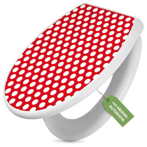 banjado Toilettendeckel mit Absenkautomatik 44,5x37cm - Soft Close Toilettensitz - WC Sitz mit Absenkautomatik - Klodeckel aus Duroplast mit Edelstahl Scharnieren, einfache Montage - Motiv Punkte Rot