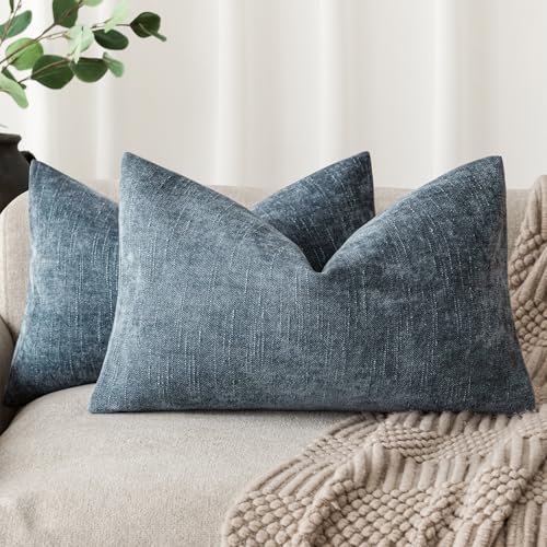 Image of Foindtower Pack of 2 Textured Chenille Throw Decorative Pillow Covers Square Accent Solid Cushion Cover Neutral Farmhouse Lumbar Pillow Case for Couch Sofa Bedroom Living Room 12x24 Inch,Blue