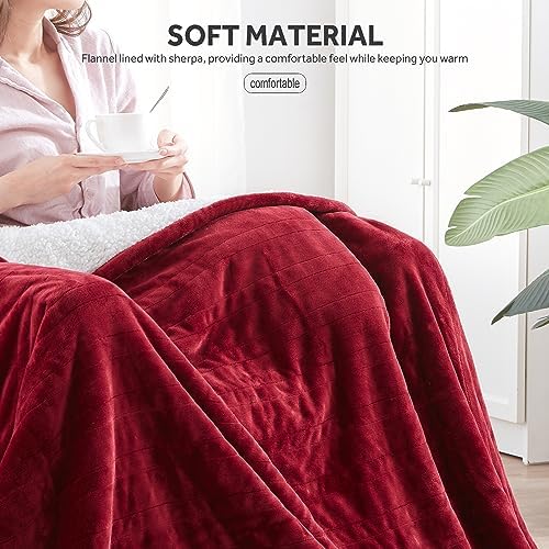 Warmrest Electric Heated Blanket Throw Flannel Sherpa, 6 Heat Levels Fast Heating, 1 to 10 Hours Auto-Off Detachable Controller, Machine Washable Blanket for Sofa, Red 130x160cm