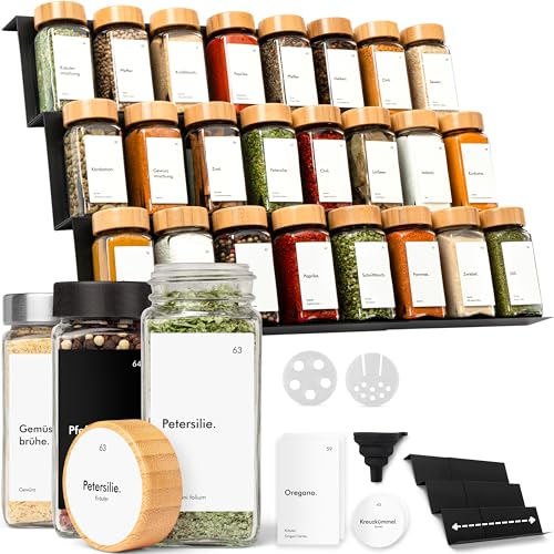 KIVY Gewürzregal mit Gläsern | inkl. 24 Gewürzgläser mit Etiketten - Verstellbare Breite - Gewürz Organizer Schublade - Gewürz Schubladeneinsatz Gewürze Aufbewahrung - Gewürzeinsatz Schublade