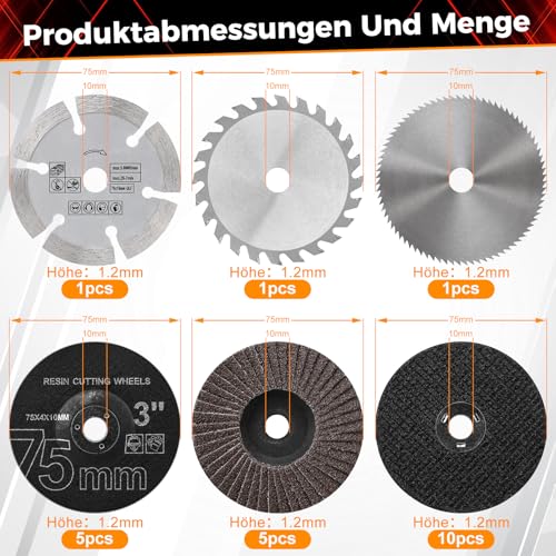 23 Stück Trennscheiben & Fächerscheiben Set 75mm, 75x1.2x10mm Trennscheiben für Kleine Flex, Mini Winkelschleifer Scheiben zum Schleifen, Schneiden und Polieren Von Metall, Holz, Stein und Kunststoff