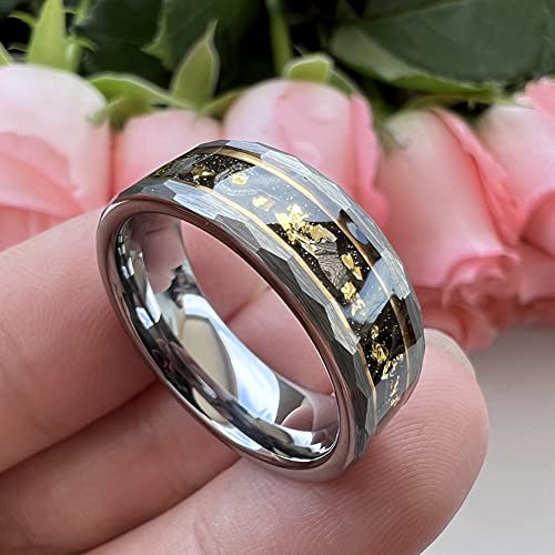 Tutiss 8Mm Hammered Tungsten Rings For Men Women Engagement Wedding Bands Genuine Meteorite Gold Foil Inlay Matte Finish Comfort Fit Size 6 #TOP2