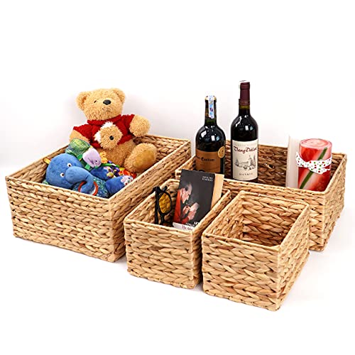 Abel Crafts Wicker Basket Organizer Rectangle Water Hyacinth Storage Baskets Set Of 4 Organizing Bathroom Bedroom Kitchen Shelves Pantry Natural Woven Baskets Rectangular #TOP3