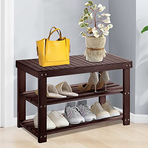 Wonder Comfort Shoe Rack Bench 3-Tier Bamboo Storage Organizer Shelf For Bathroom Entryway Hallway Corridor Living Room, Brown #TOP1