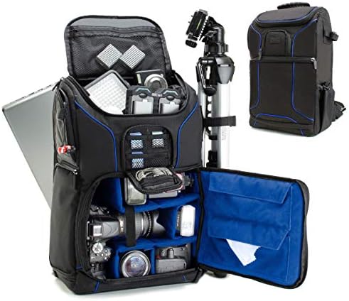 USA GEAR DSLR Camera Backpack Case - 15.6 inch Laptop Compartment, Padded Custom Dividers, Tripod Holder, Rain Cover, Long-Lasting Durability and Storage Pockets - Compatible with Many DSLRs (Blue)
