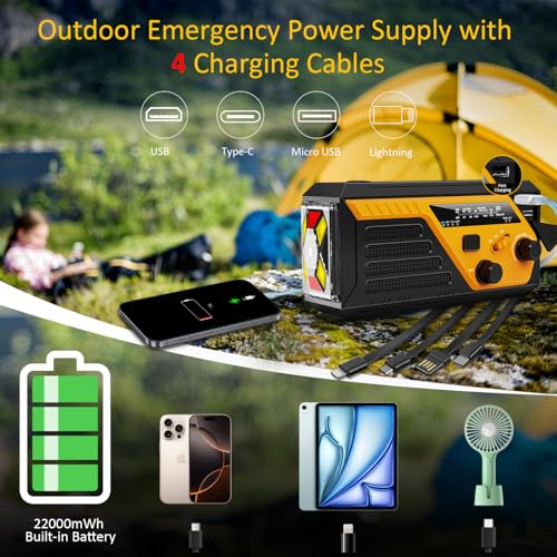 Image of Emergency Radio, AM FM NOAA Weather Radio, 6000mAh Hand Crank Radio, SOS Alarm, Flashlight, Reading Lamp, 4 Charging Cables for Emergency Essentials Power Outage
