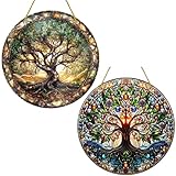 2 Stück Sonnenfänger Fenster Lebensbaum,Lebensbaum Fensterdeko Zum Hängen,Rundes Hängeornament,Baum Des Lebens Deko,Handbemalte Fensterdeko Hängend,für Schlafzimmer,Veranda,Büro,Garten