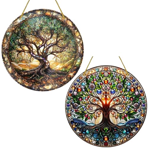 2 Stück Sonnenfänger Fenster Lebensbaum,Lebensbaum Fensterdeko Zum Hängen,Rundes Hängeornament,Baum Des Lebens Deko,Handbemalte Fensterdeko Hängend,für Schlafzimmer,Veranda,Büro,Garten
