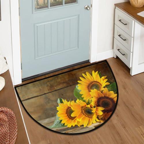 Image of cfpolar Half Round Door Mat Wood Sunflower Flower Floral Non-Slip Semi Circle Area Rug Washable Half Moon Hearth Rugs for Indoor Outdoor Bathroom Kitchen Patio Runner Mat Laundry Room Home Decoration