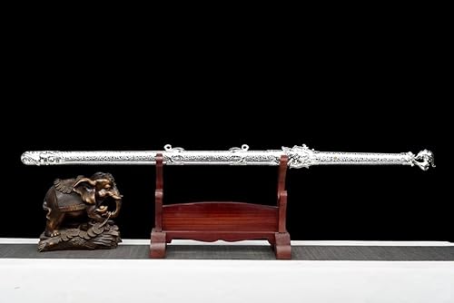 Vista 6 de LOONGSWORD - Espada china, espadas Tang dao plateadas reales (acero forjado de alto carbono, accesorios de aleación, vaina de poliuretano de madera)