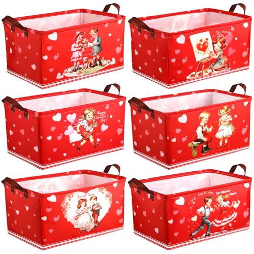 CHENGU 6 Pack Valentine's Day Storage Basket Vintage Valentine's Day Basket for Gift Collapsible Red Heart Holiday Decor Retro Large Bin Foldable Waterproof Box with Handle for Bedroom Laundry Nursery