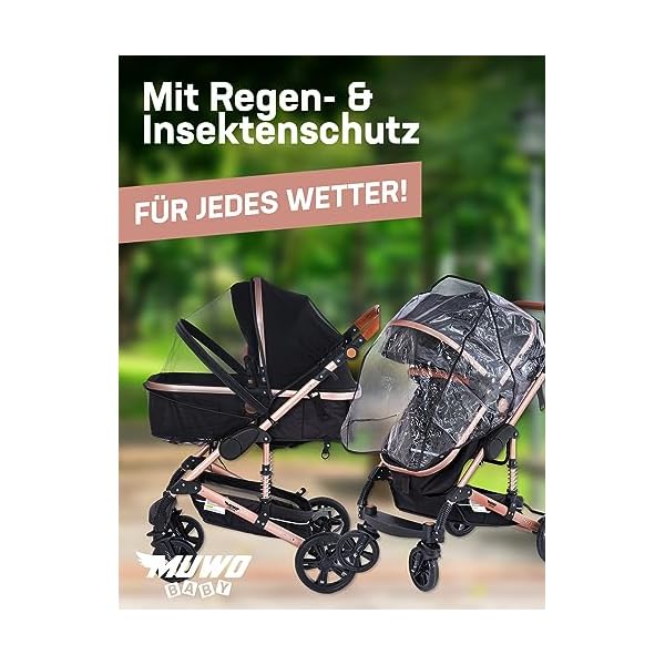 MUWO 3 in 1 Kinderwagen Komplettset inkl. Babywanne, Buggy Sportsitz, Auto Babyschale mit Regenschutz und Moskitonetz, zusammenklappbar (Schwarz) – Bild 4