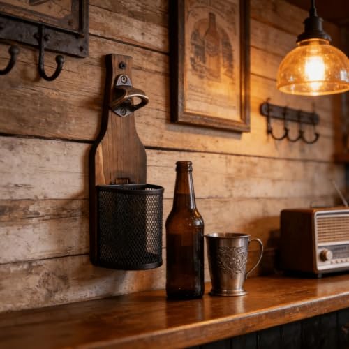Décapsuleur mural en bois avec récupérateur de bouchon, accessoire de bar vintage