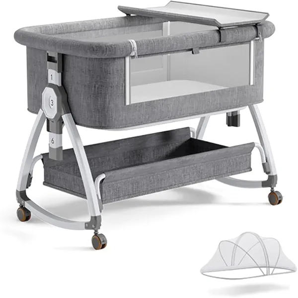 bonbay Baby Bassinet, Bedside Bassinet for Baby, 4 in 1 Portable Bassinet Bedside Sleeper with Wheels Mosquito Net & Storage Basket, 6 Height Adjustable Rocking Bassinet for Newborn Baby
