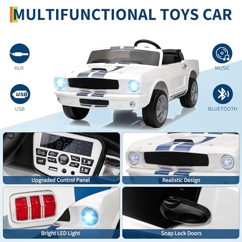 Garvee 24V 2 Seater Ride on Licensed Shelby GT350, Battery Powered Ride on Toys for Kids with Remote Control, Ford Shelby Kids Electric Vehicle 2 Seat, Safety Belt, 2 Speeds, LED Lights, White — view 3
