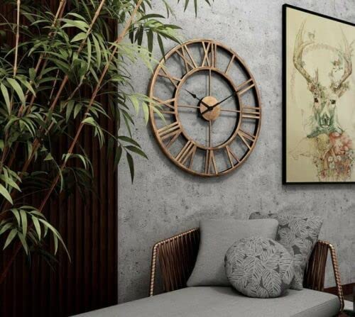 Heaven4you Large Skeleton Metal Roman Vintage Rustic Wall Clock Big Numerals Giant Open Round Face for Living Room Kitchen Bar Office Bronze (60cm)