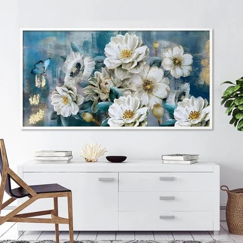 Impression fleur blanc bleu aquarelle affiche salon 65x130