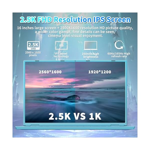 16" Laptop Ultra-Narrow bezels 2.5K FHD(2560x1600) IPS Screen/N95 CPU/16G RAM 1TB SSD,Win 11 Pro PC with Full Size Numeric Color Backlit KB/Fingerprint Unlock(16G+1TB,Green) - Image 3