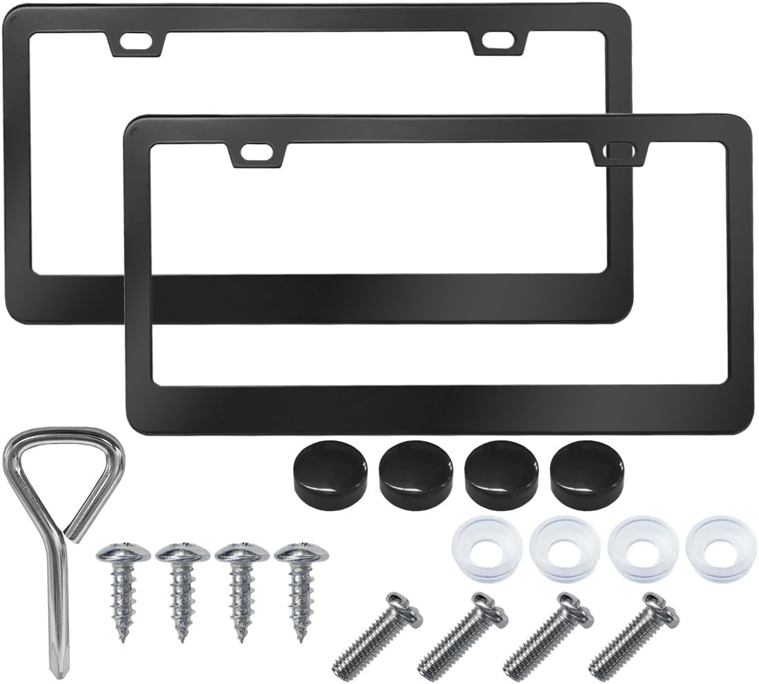 2PCS Stainless Steel Car License Plate Frames, 2 Holes License Plate Holder Car Tag with Washers and Screw Caps, Universal Licence Plate Cover Auto Exterior Accessories for US Vehicles (Black)
