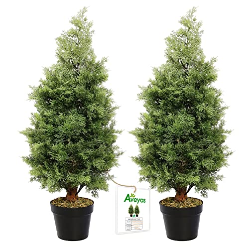 Aveyas 2 Pack 3ft Artificial Cone Topiary Cedar Trees in Cemented Plastic Pot, Fake Cypress Plants Faux Mini Pine Silk Trees for Indoor Outdoor Patio Front Door Porch Floor Home Modern Decor, 3 feet