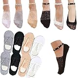 Sunnyuk 4/6 Paar Socken Damen 39-42 Schwarz Weiß Perlen Spitze Socken Damen-Perlen-Spitzensocken Perlen-SöCkchen Bequeme Atmungsaktive Ballerina Unsichtbare Socken Sommer-DüNne Mesh-Spitzensocken