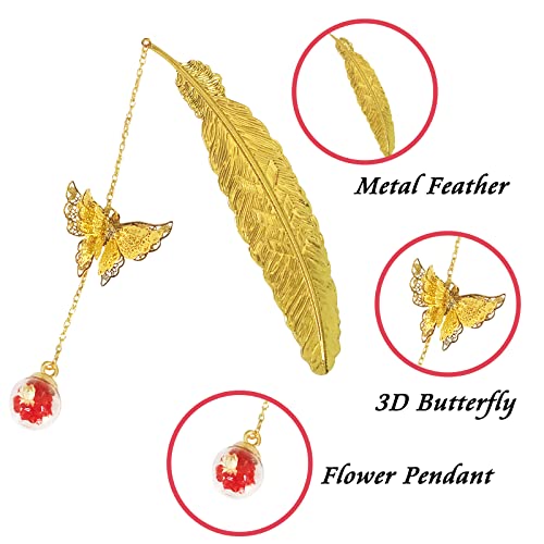 Metal Feather Bookmark, Golden Bookmarks With 3D Butterfly Red Pendant For Women, Teacher Book Lover Librarian Readers Mom Lady Female, Great Gift For Birthday #TOP1