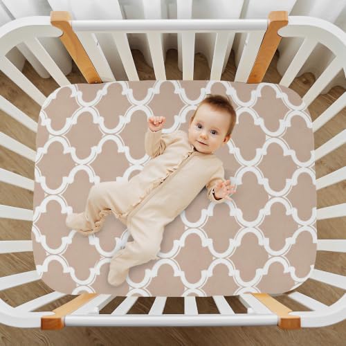 Image of Crib Sheet Breathable Soft Crib Mattress Sheet for Baby Toddler Boys Girls Fitted Crib Sheet Fit Standard Crib Mattress 52 x 28 Inch White Blush Pink Quatrefoil