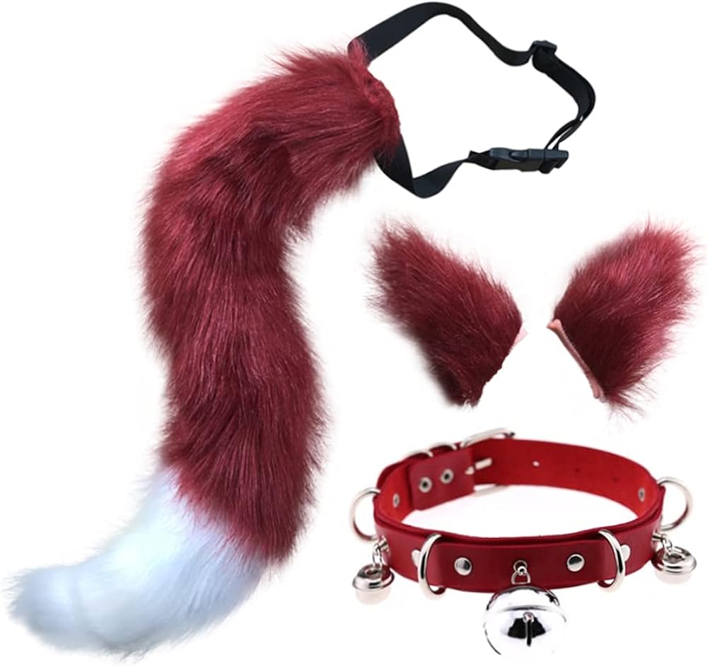Cat Ears and Wolf Fox Animal Tail Cosplay Costume Faux Fur Hair Clip Headdress Halloween Leather Neck Chocker Set : Clothing, Shoes & Jewelry