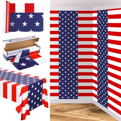 Image of Kochorie 100 Ft x 54 Inch 4th of July Tablecloth Roll in Slide Cutter Box Disposable Plastic Table Cloths Cut to Size Independence Day Backdrop for Memorial Day Veterans Day Party Supplies