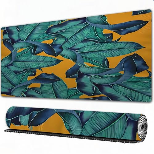 FEHWI Alfombrilla ratón 90×40 cm,Patrón de Hojas botánicas de Acuarela pintadas a Mano, Adorno de patrón Tropical,Mouse Pad con Superficie Suave y Base de Goma Antideslizante,Oficina y Gaming en casa