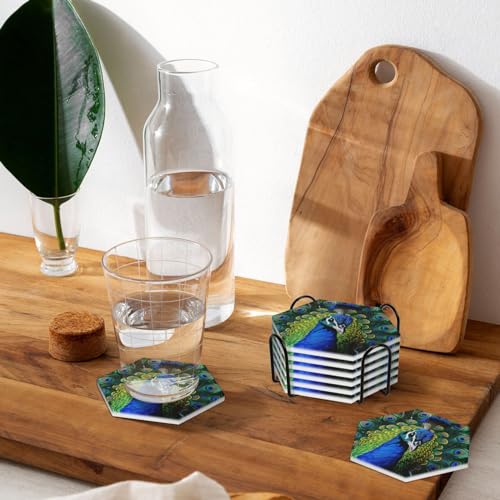 Dessous de verre céramique paon bleu 10,4 cm lot de 6 support