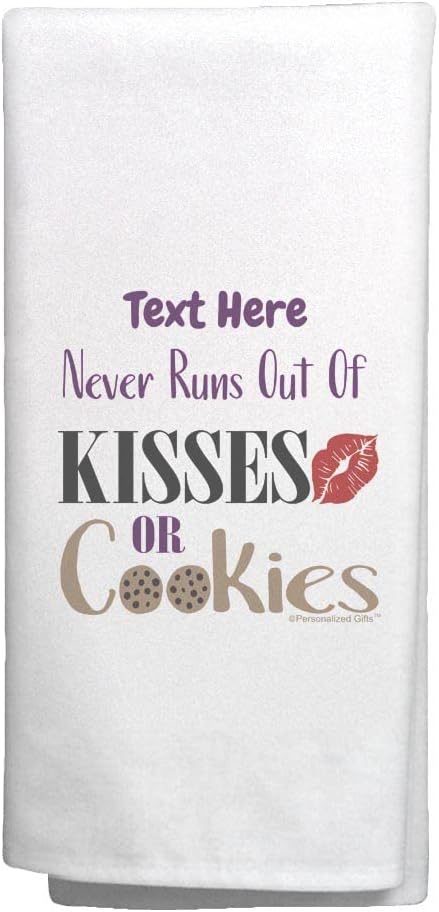 Personalized Gifts for Women Custom Name Never Runs Out of Kisses Or Cookies 2 Pack Personalized Kitchen Tea Towels White