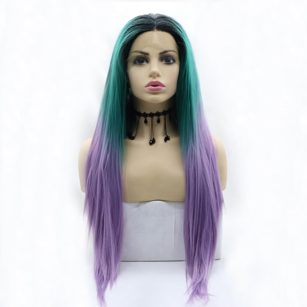 Silky Wig Silky Straight Bright Green Purple Ombre with Dark Roots Synthetic Lace Front Wig