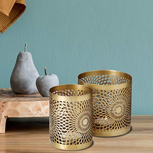Whw Whole House Worlds Moroccan Metal Candle Holders, Golden Gilt Surface, Stylized Daisy Pattern, Each 4 Inches Tall, For Tea Light And Votive Candles. #TOP3