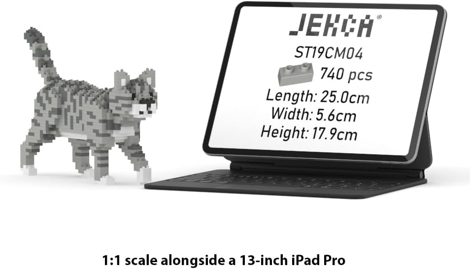 JEKCA Grey Tabby Cat Mini 01S model next to a 13-inch iPad Pro, showing its 1:1 scale and dimensions.