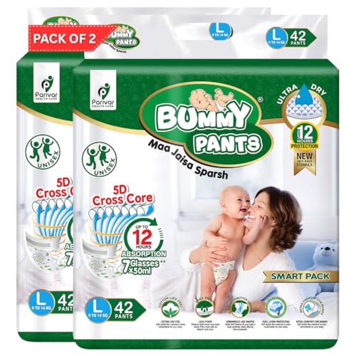 Image of BUMMY PANTS Baby Diapers - Soft & Comfortable with 5D Cross Core Technology, 360 Soft Elastic Waistband & Up to 12-Hour Absorption | L | Pack of 2 | 84 Pieces