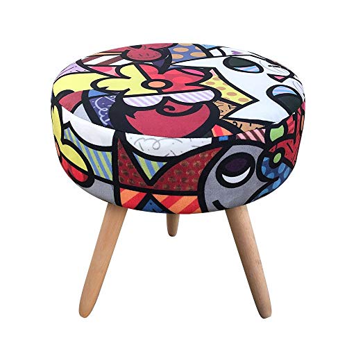 Kit 02 Puff Banqueta Berlim Redondo Estampado Romero Britto Gato Pés Natural - D'Rossi