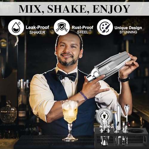 IOV Mixology Bartender Kit with Stand | 12-Piece Cocktail Shaker Set | 24oz Martini Shaker Set for Drink Mixing | Bar Set Includes All Bar Tools and Recipe Booklet | Fun Housewarming Gift (Silver) by IOV - Image 3