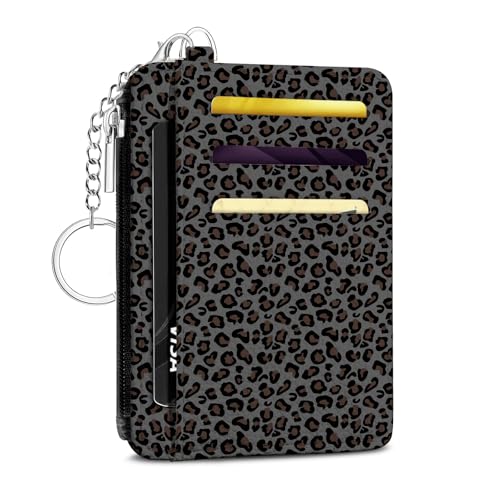 Hllwxrk Black Leopard Print Credit Card Holder Small Wallet for Women Slim RFID Wallet Front Pocket with Zipper Coin Pocket Travel Thin Card Case with ID Window