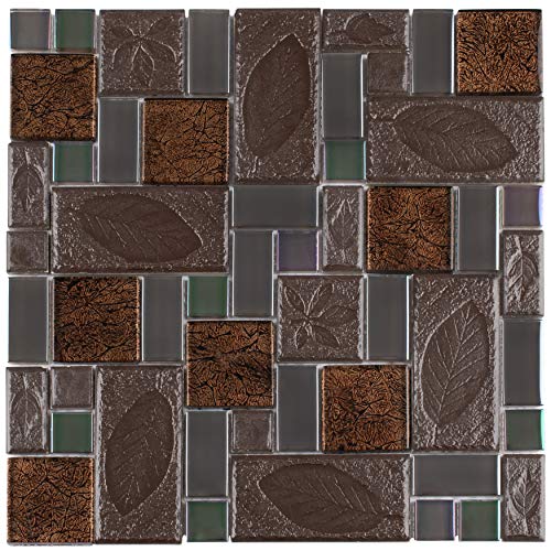 Somertile Gdxgvswn Eden Versailles Walnut Glass And Stone Mosaic Wall Tile, 11.75" X 11.75", Grey/Copper/Iridescent #TOP8