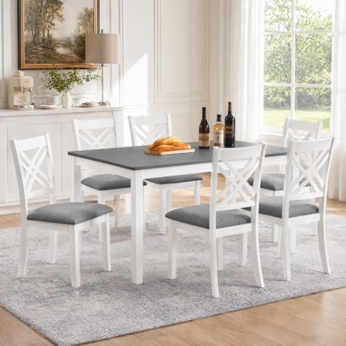 Trygoal 7 Piece Dining Table Set, Wooden Kitchen Furniture Set, Grey&White