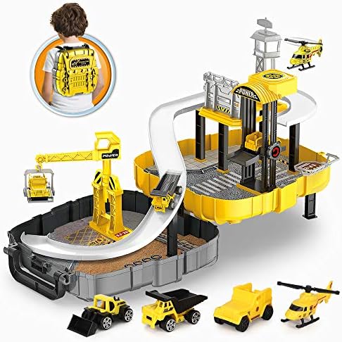 Siairo Construction Race Car Toy for Kids - Construction Race Truck with Crane, Helicopter, Bulldozer, Excavator Toy Backpack for 3 4 5 Year Old Boys & Toddlers