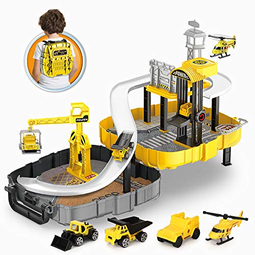 BeebeeRun Construction Vehicles for Kid - Engineering Construction Truck Parking Lot with Race Track,Helicopter,Bulldozer, Mixer Toy for 3 4 5 Year Old Boys, Toddlers, Kids,Children