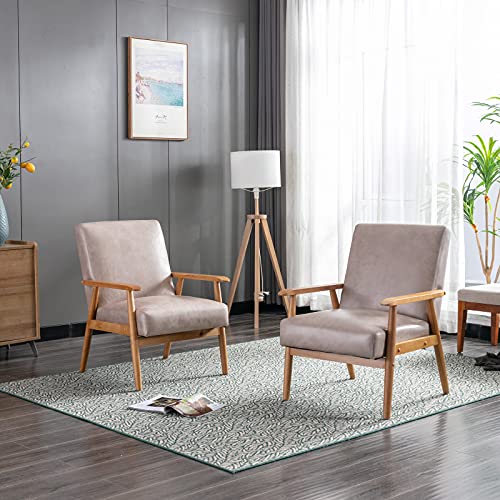 Freemax Mid Century Retro Accent Chair Wood Frame Arm Chair Faux Leather Modern Lounge Chair For Living Room Bedroom Balcony (Beige) #TOP1