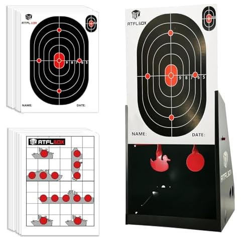 Atflbox 7 x 9 Inch BB Gun Target Trap with 20pcs Paper Targets and Spinning Metal Silhouettes Shooting Targets for Backyard, Outdoor, Indoor, Suitable for Airsoft, Rifle, Pellet Gun Cover