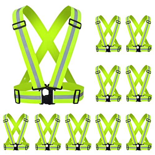 YUNLOVXEE Reflective Strap Safety Vest Gear - 2-10 Pack Adjustable High Visible Reflective Running Gear for Women Men Night (Green x10)