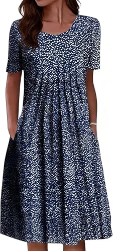Image of LOVESHOOT Womens Summer Midi Dress 2026 Casual Short Sleeve A Line Dress with Pockets Evening Wedding Guest Work