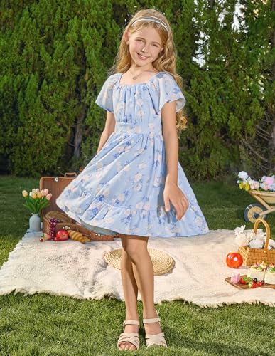 GRACE KARIN Girls Blue Floral Dress Formal Party Girls Easter Spring Dresses Size 8 Tween Girl Summer Hawaiian Dress — view 3