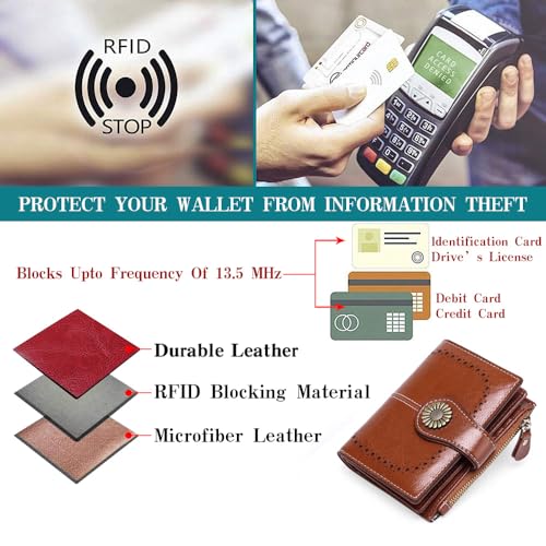 Image of SENDEFN Small Womens Wallet Leather Bifold Card Holder RFID Blocking with Zipper Coin Pocket